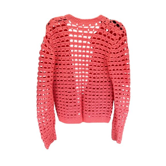 Handmade Coral Pink Open Knit Crochet Cardigan Sweater Long Sleeve Womens Medium - Picture 5 of 7